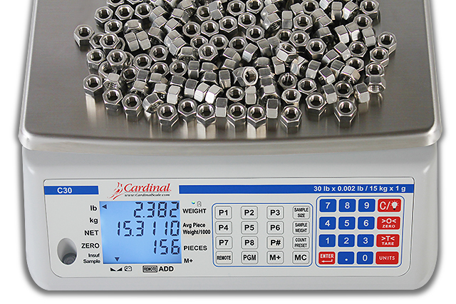 Cardinal/Detecto's C series counting scales are available in three weight capacities: 30 lb, 65 lb, and 100 lb; plus the remote scale input lets you increase that capacity exponentially.